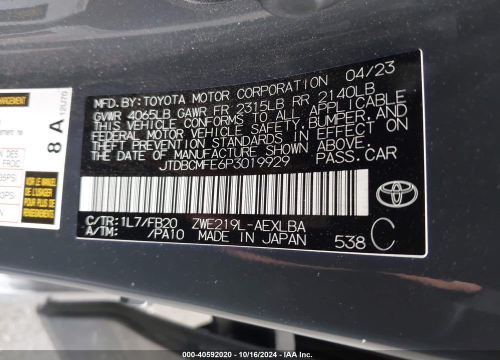 2023 TOYOTA COROLLA HYBRID LE VIN: JTDBCMFE6P3019929