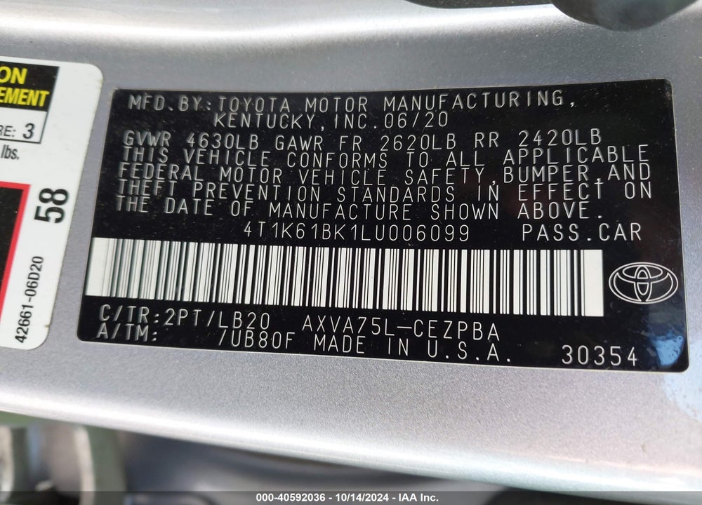 2020 TOYOTA CAMRY XSE AWD VIN: 4T1K61BK1LU006099
