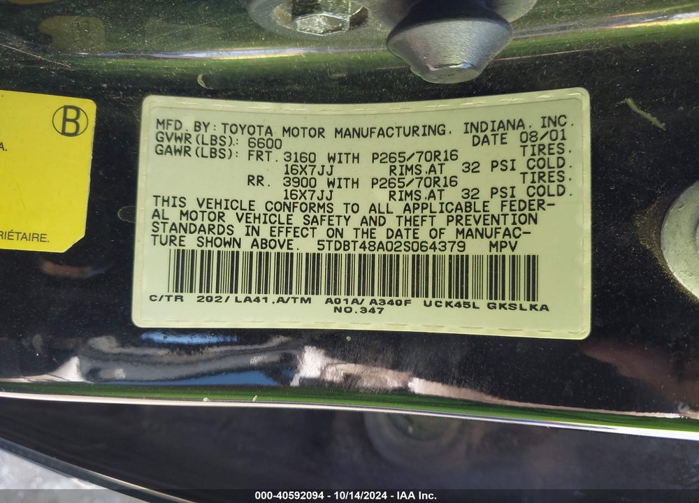 2002 TOYOTA SEQUOIA LIMITED V8 VIN: 5TDBT48A02S064379