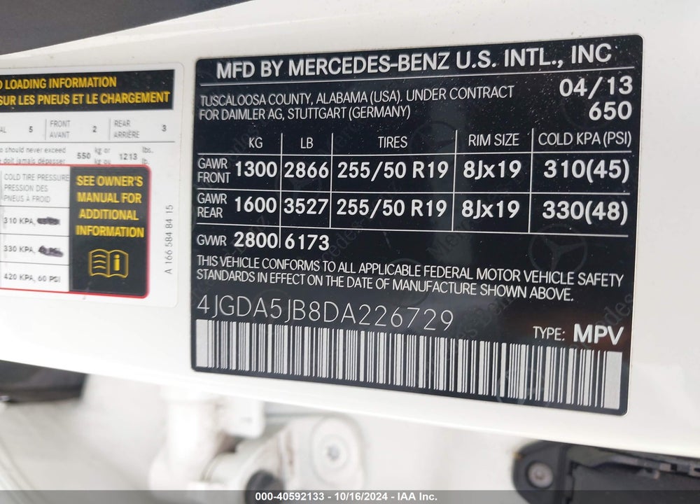 2013 MERCEDES-BENZ ML 350 VIN: 4JGDA5JB8DA226729