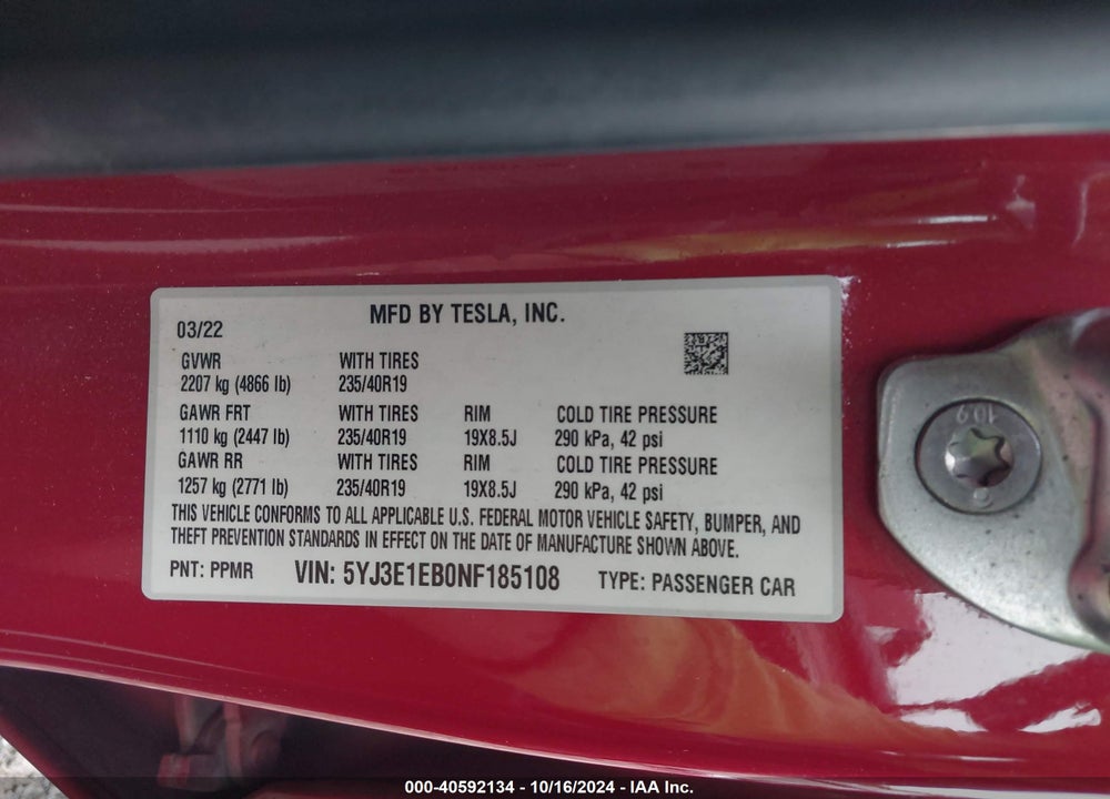 2022 TESLA MODEL 3 LONG RANGE DUAL MOTOR ALL-WHEEL DRIVE VIN: 5YJ3E1EB0NF185108