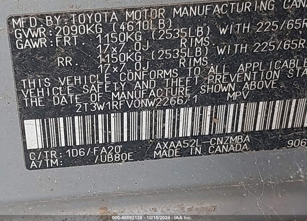 2022 TOYOTA RAV4 XLE VIN: 2T3W1RFV0NW226671