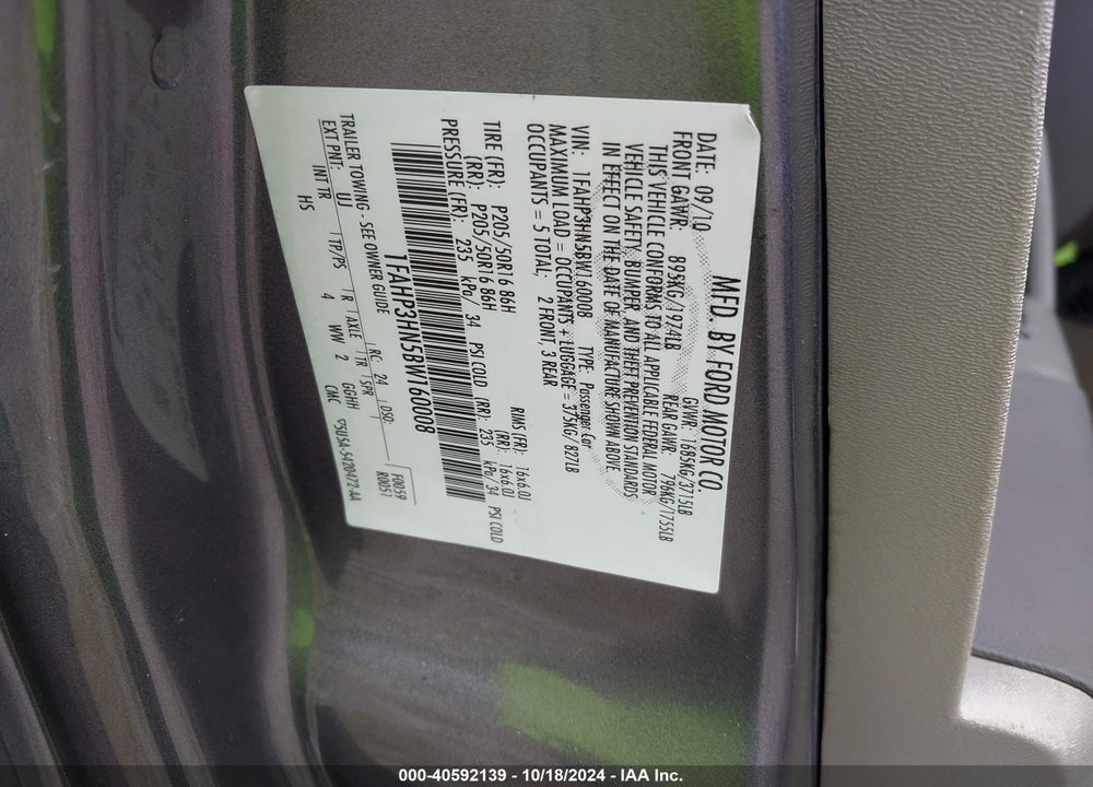 2011 FORD FOCUS SEL VIN: 1FAHP3HN5BW160008