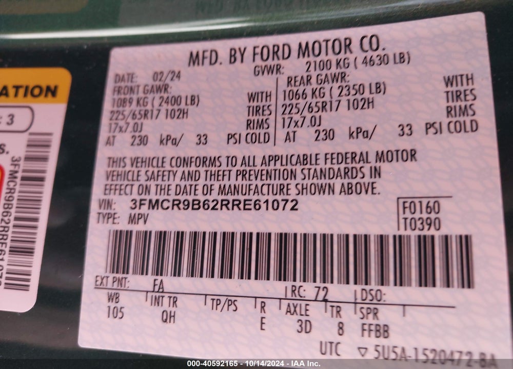 2024 FORD BRONCO SPORT BIG BEND VIN: 3FMCR9B62RRE61072