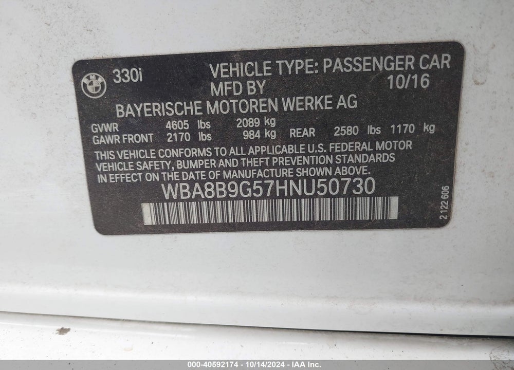 2017 BMW 330I VIN: WBA8B9G57HNU50730