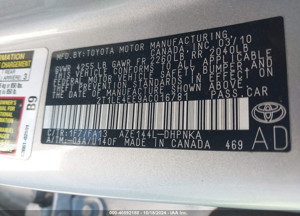 2010 TOYOTA MATRIX S VIN: 2T1LE4EE9AC016781
