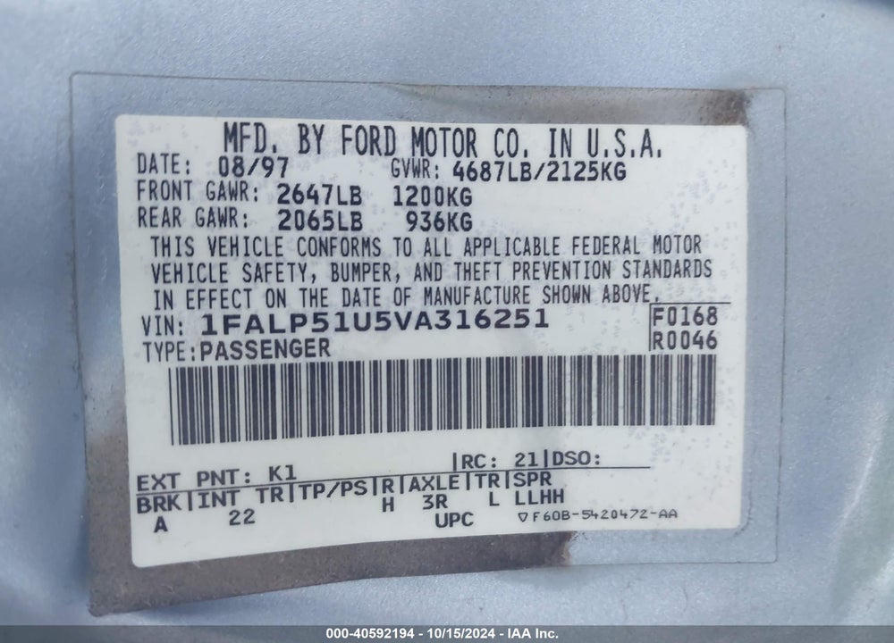 1997 FORD TAURUS VIN: 1FALP51U5VA316251