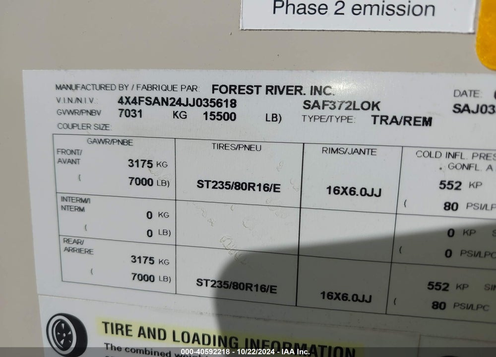 2018 FOREST RIVER FIFTH WHEE VIN: 4X4FSAN24JJ035618