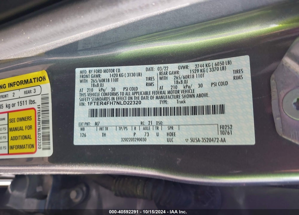 2022 FORD RANGER XLT VIN: 1FTER4FH7NLD22320