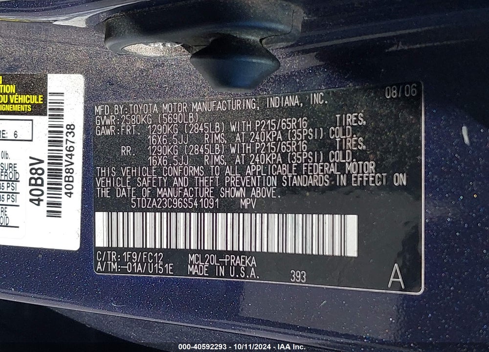 2006 TOYOTA SIENNA LE VIN: 5TDZA23C96S541091
