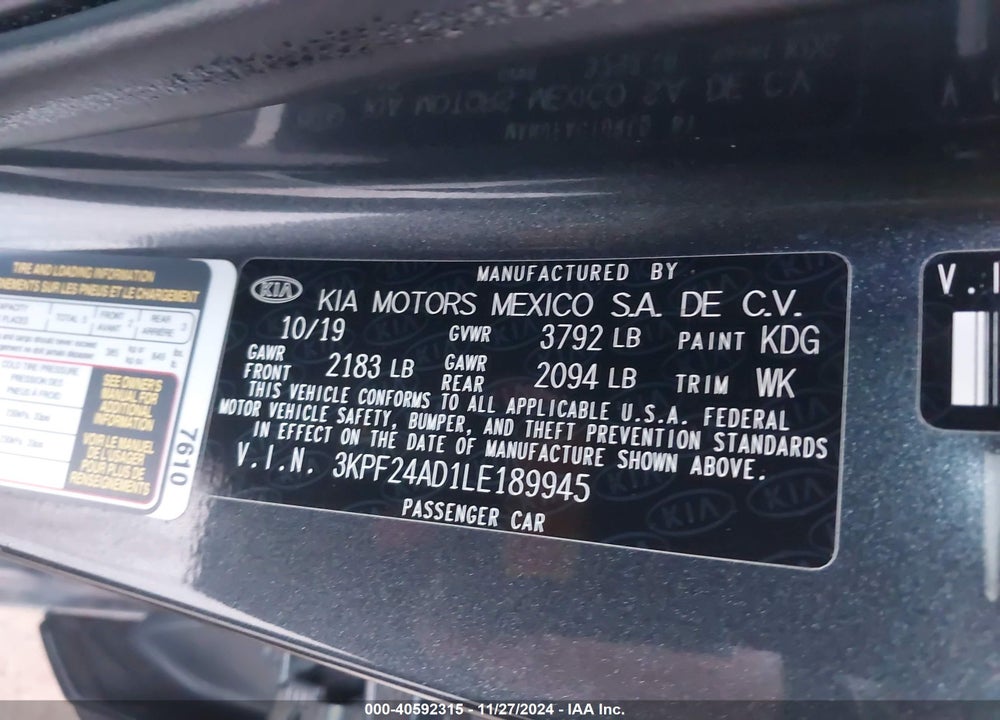 2020 KIA FORTE VIN: 3KPF24AD1LE189945