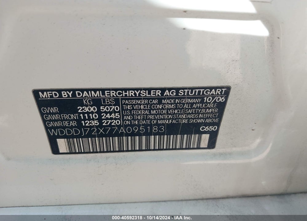 2007 MERCEDES-BENZ CLS 550 VIN: WDDDJ72X77A095183