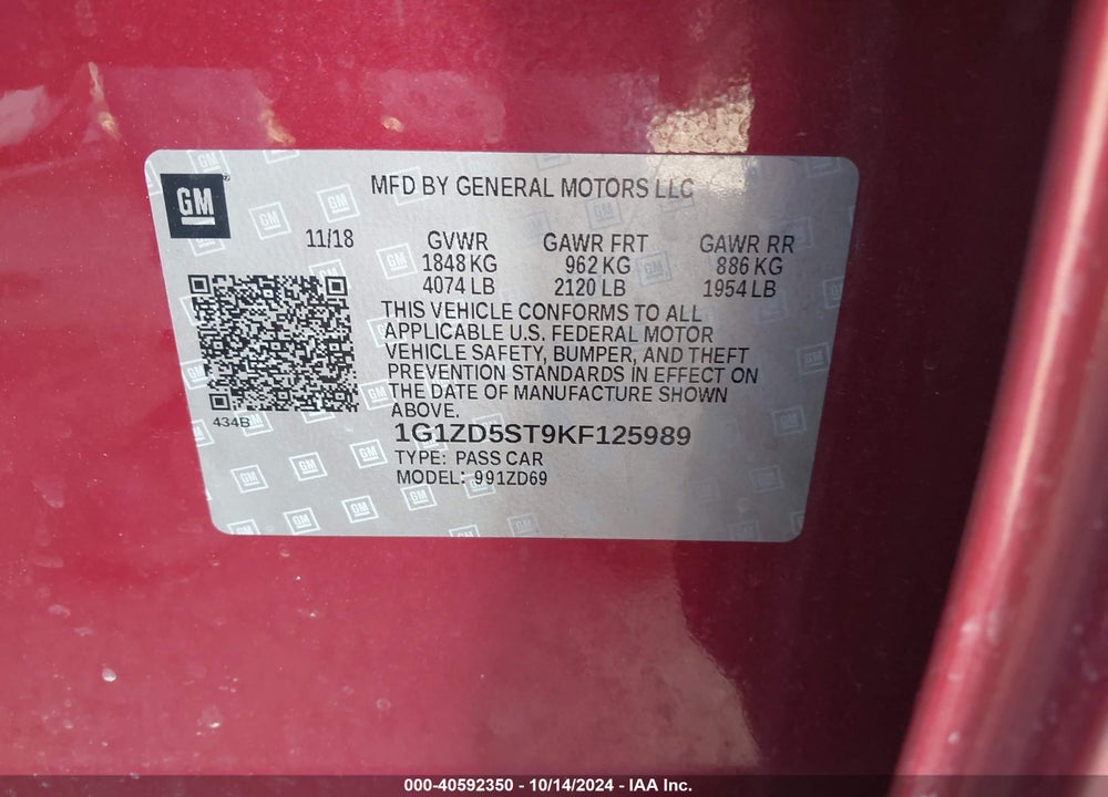 2019 CHEVROLET MALIBU LT VIN: 1G1ZD5ST9KF125989