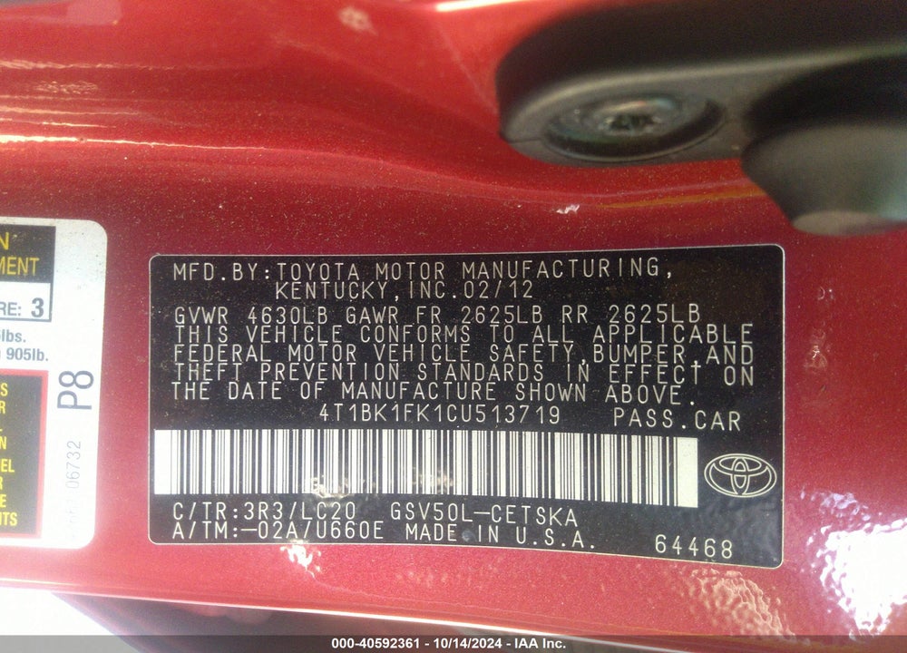 2012 TOYOTA CAMRY SE V6 VIN: 4T1BK1FK1CU513719