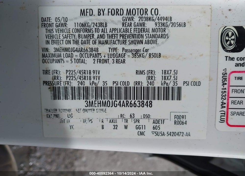 2010 MERCURY MILAN PREMIER VIN: 3MEHM0JG4AR663848