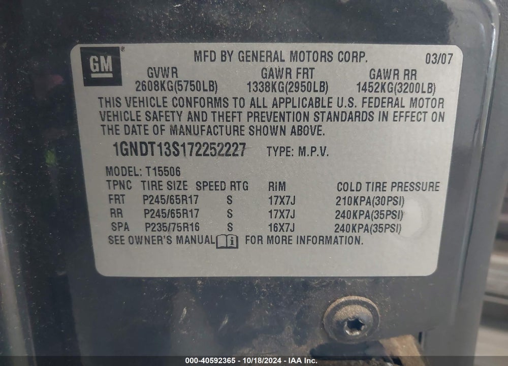 2007 CHEVROLET TRAILBLAZER LT VIN: 1GNDT13S172252227