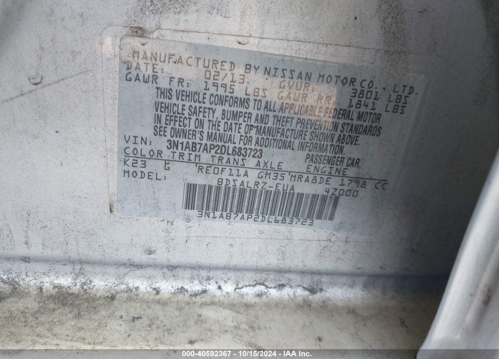 2013 NISSAN SENTRA SR VIN: 3N1AB7AP2DL683723