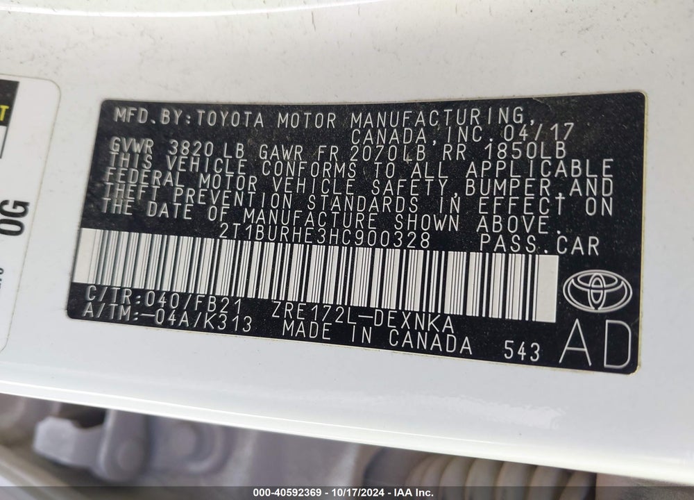 2017 TOYOTA COROLLA LE VIN: 2T1BURHE3HC900328