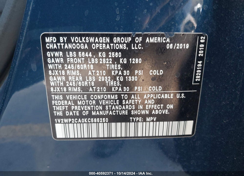 2019 VOLKSWAGEN ATLAS 2.0T SE W/TECHNOLOGY VIN: 1V2WP2CA0KC585250