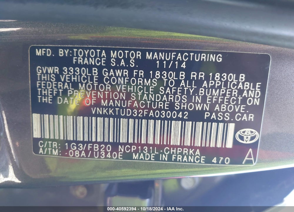 2015 TOYOTA YARIS LE VIN: VNKKTUD32FA030042
