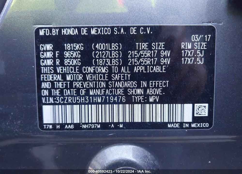 2017 HONDA HR-V LX VIN: 3CZRU5H31HM719476