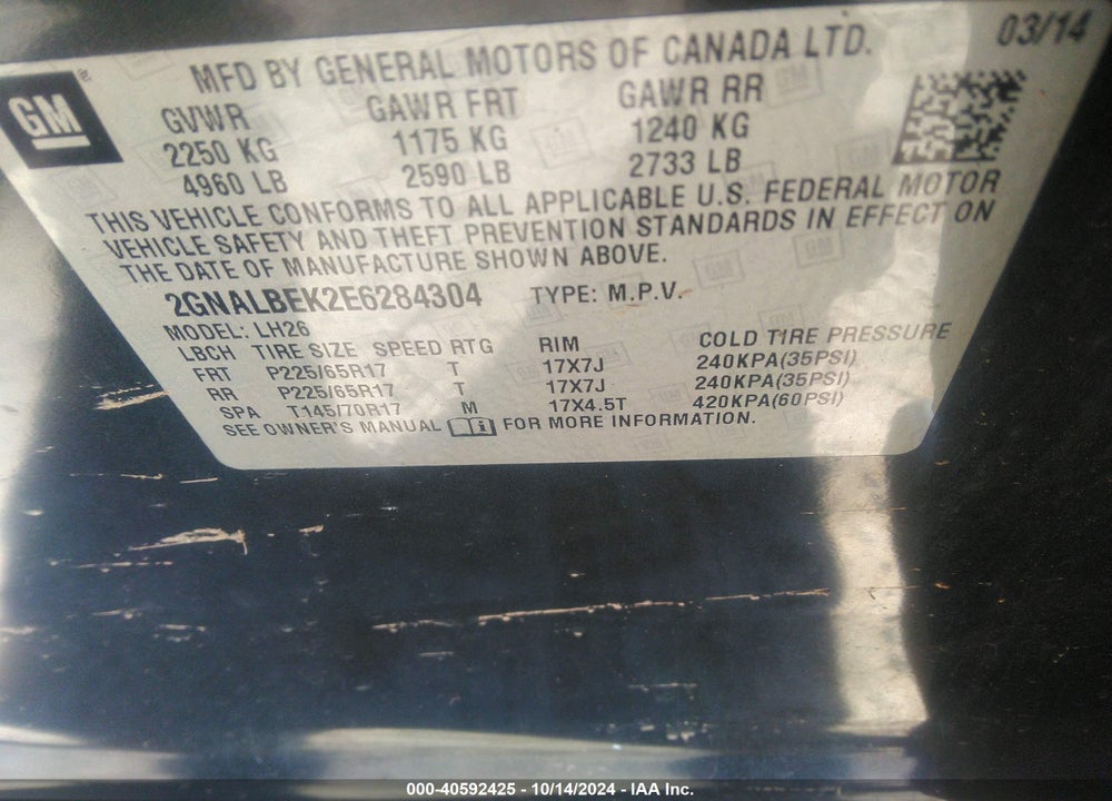 2014 CHEVROLET EQUINOX 1LT VIN: 2GNALBEK2E6284304