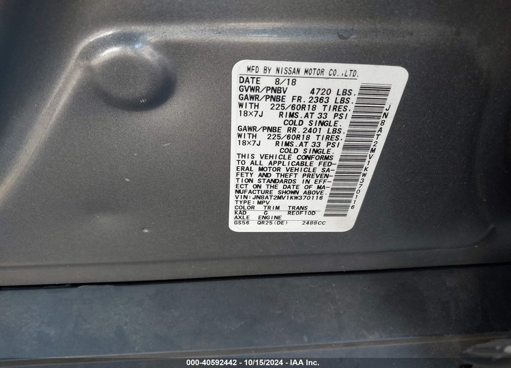 2019 NISSAN ROGUE SV VIN: JN8AT2MV1KW370116