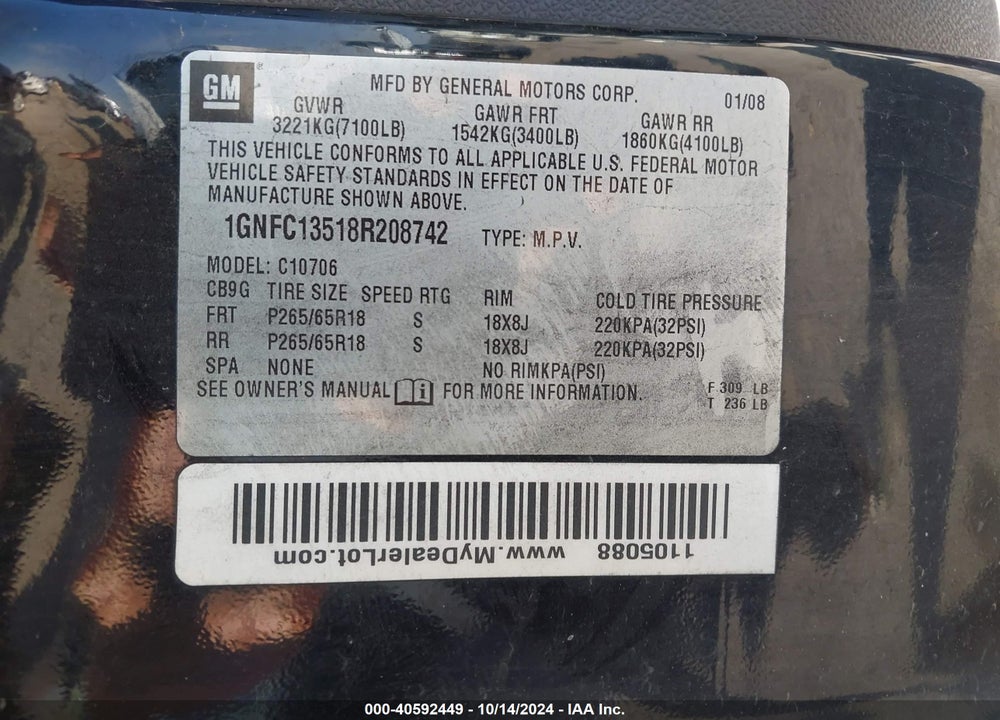 2008 CHEVROLET TAHOE HYBRID VIN: 1GNFC13518R208742