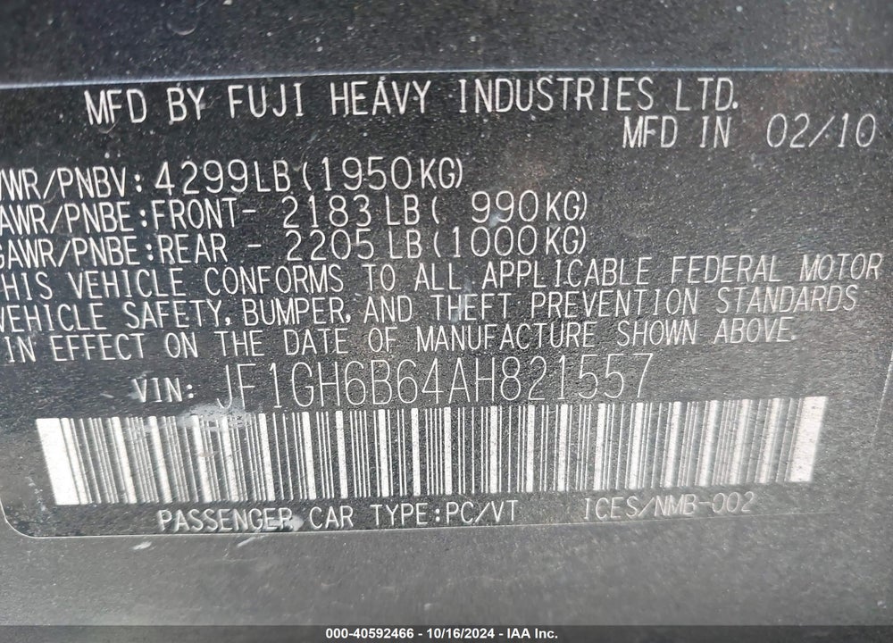 2010 SUBARU IMPREZA 2.5I PREMIUM VIN: JF1GH6B64AH821557