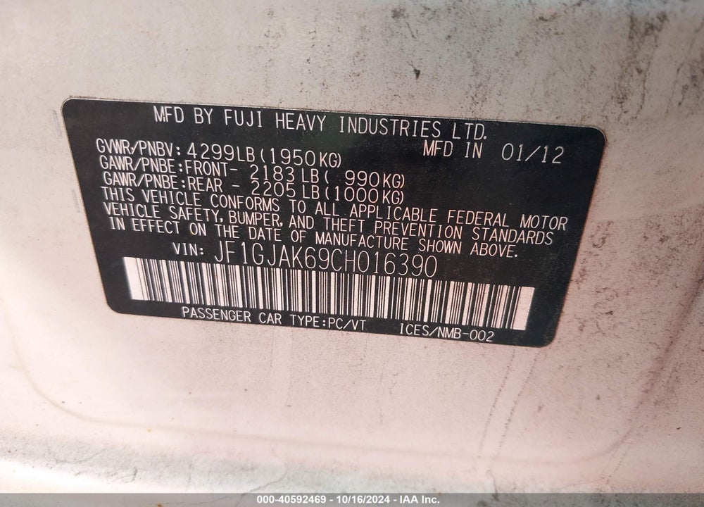 2012 SUBARU IMPREZA 2.0I LIMITED VIN: JF1GJAK69CH016390