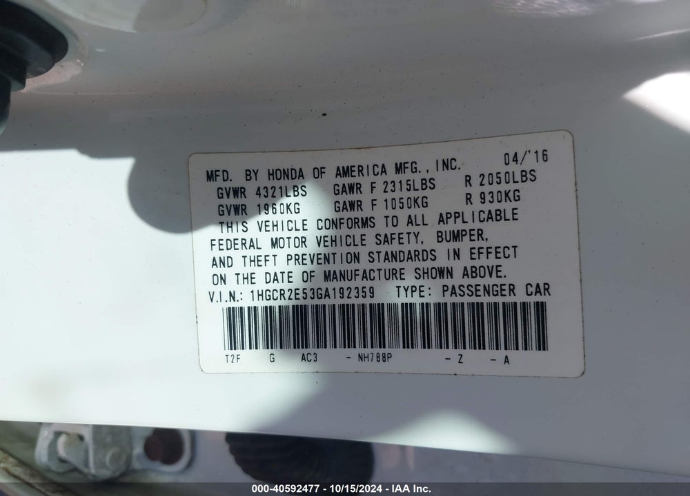 2016 HONDA ACCORD SPORT VIN: 1HGCR2E53GA192359