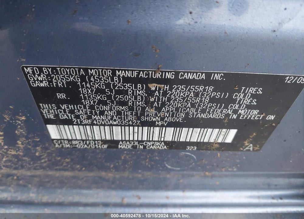 2010 TOYOTA RAV4 SPORT VIN: 2T3RF4DV0AW035427