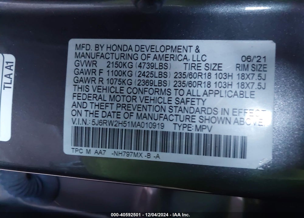 2021 HONDA CR-V AWD EX VIN: 5J6RW2H51MA010919