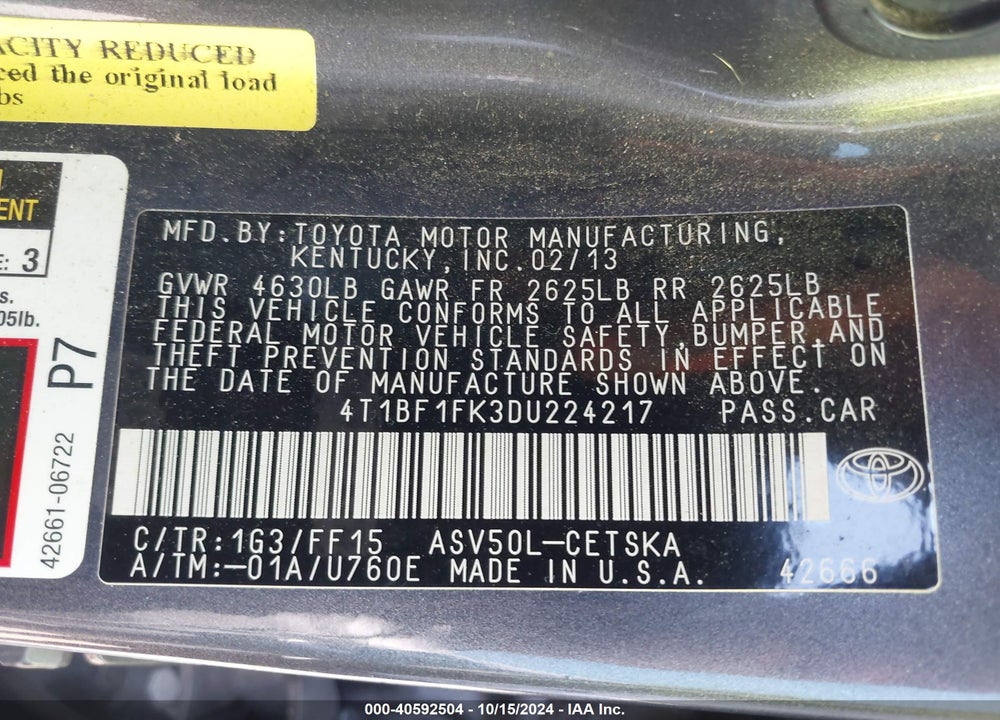 2013 TOYOTA CAMRY SE VIN: 4T1BF1FK3DU224217