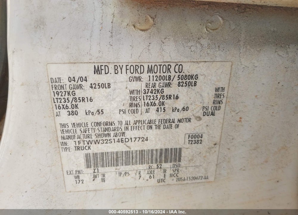 2004 FORD F-350 LARIAT/XL/XLT VIN: 1FTWW32S14ED17724