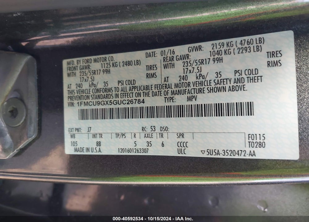 2016 FORD ESCAPE SE VIN: 1FMCU9GX5GUC26784