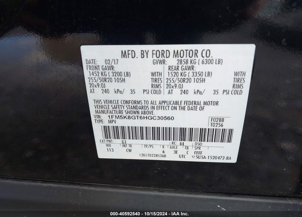 2017 FORD EXPLORER SPORT VIN: 1FM5K8GT6HGC30560