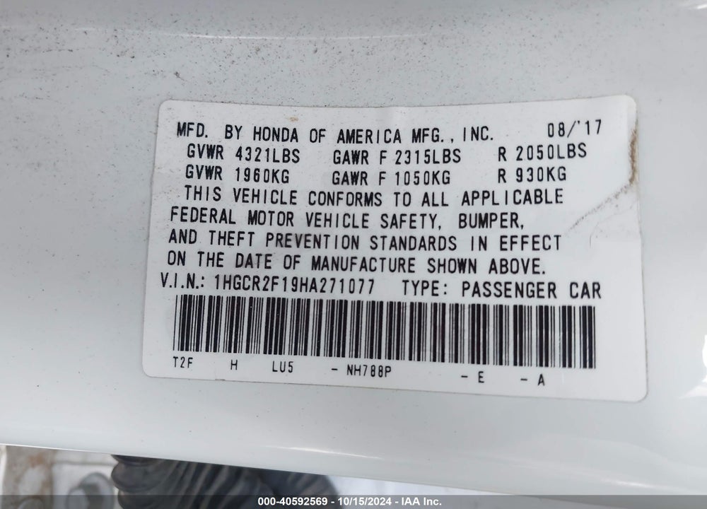 2017 HONDA ACCORD SPORT SE VIN: 1HGCR2F19HA271077