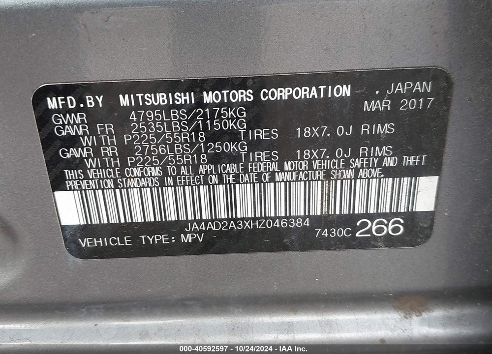 2017 MITSUBISHI OUTLANDER ES VIN: JA4AD2A3XHZ046384