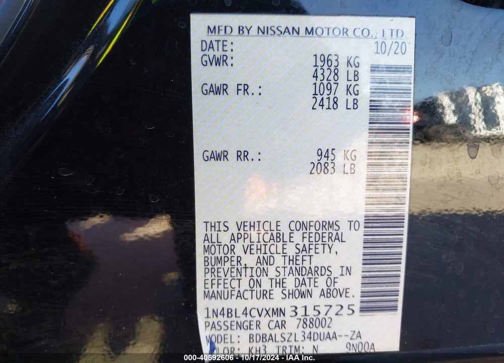 2021 NISSAN ALTIMA SR FWD VIN: 1N4BL4CVXMN315725
