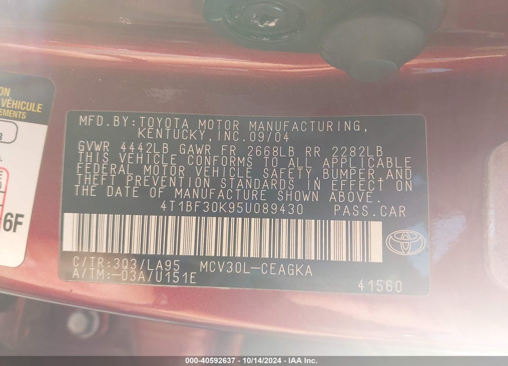 2005 TOYOTA CAMRY XLE V6 VIN: 4T1BF30K95U089430