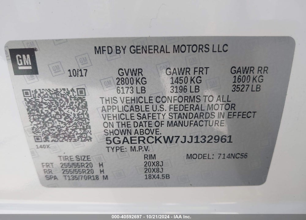 2018 BUICK ENCLAVE PREMIUM VIN: 5GAERCKW7JJ132961