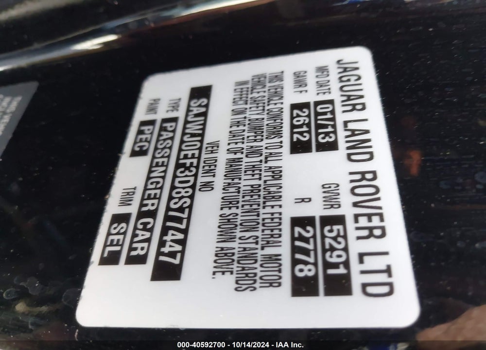 2013 JAGUAR XF V6 SC VIN: SAJWJ0EF3D8S77447