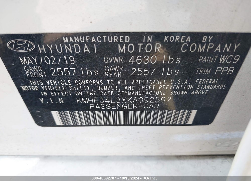 2019 HYUNDAI SONATA HYBRID LIMITED VIN: KMHE34L3XKA092592