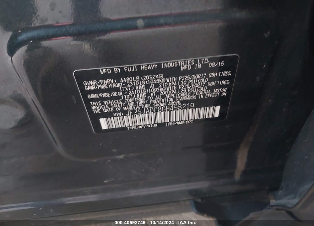 2016 SUBARU FORESTER 2.5I PREMIUM VIN: JF2SJADC8GH458219