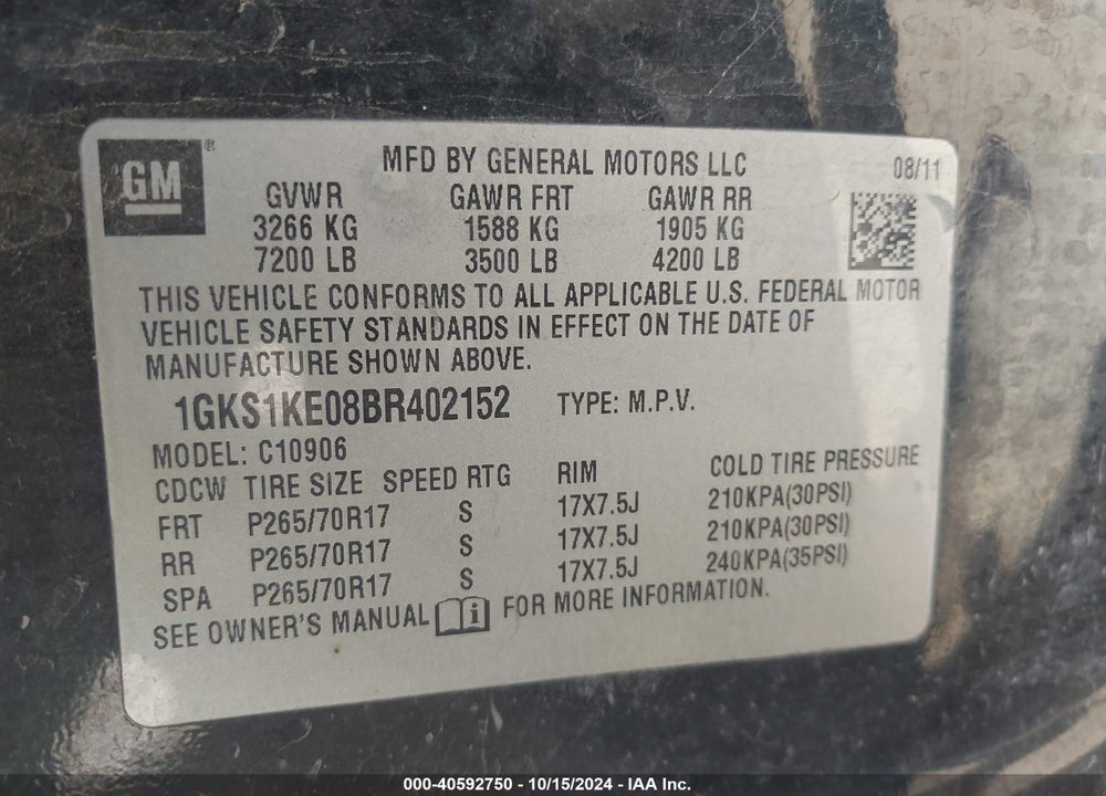 2011 GMC YUKON XL 1500 SLT VIN: 1GKS1KE08BR402152