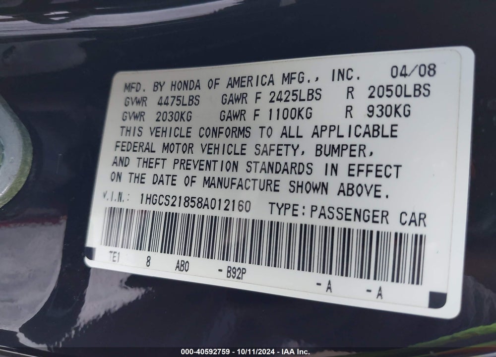 2008 HONDA ACCORD 3.5 EX-L VIN: 1HGCS21858A012160