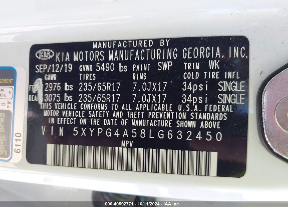 2020 KIA SORENTO 3.3L LX VIN: 5XYPG4A58LG632450