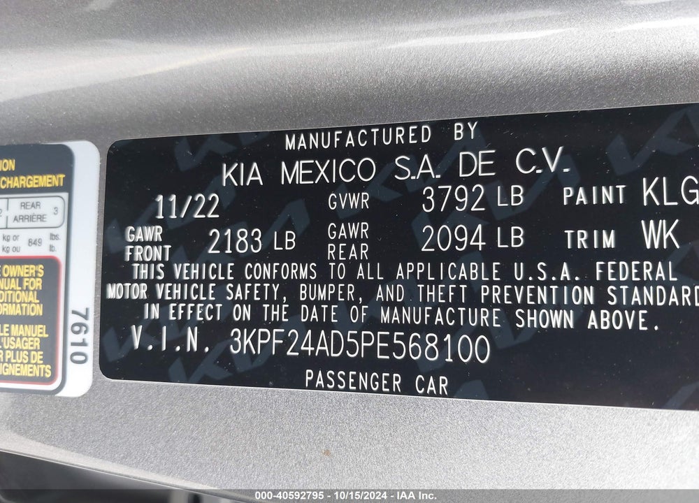 2023 KIA FORTE LXS VIN: 3KPF24AD5PE568100