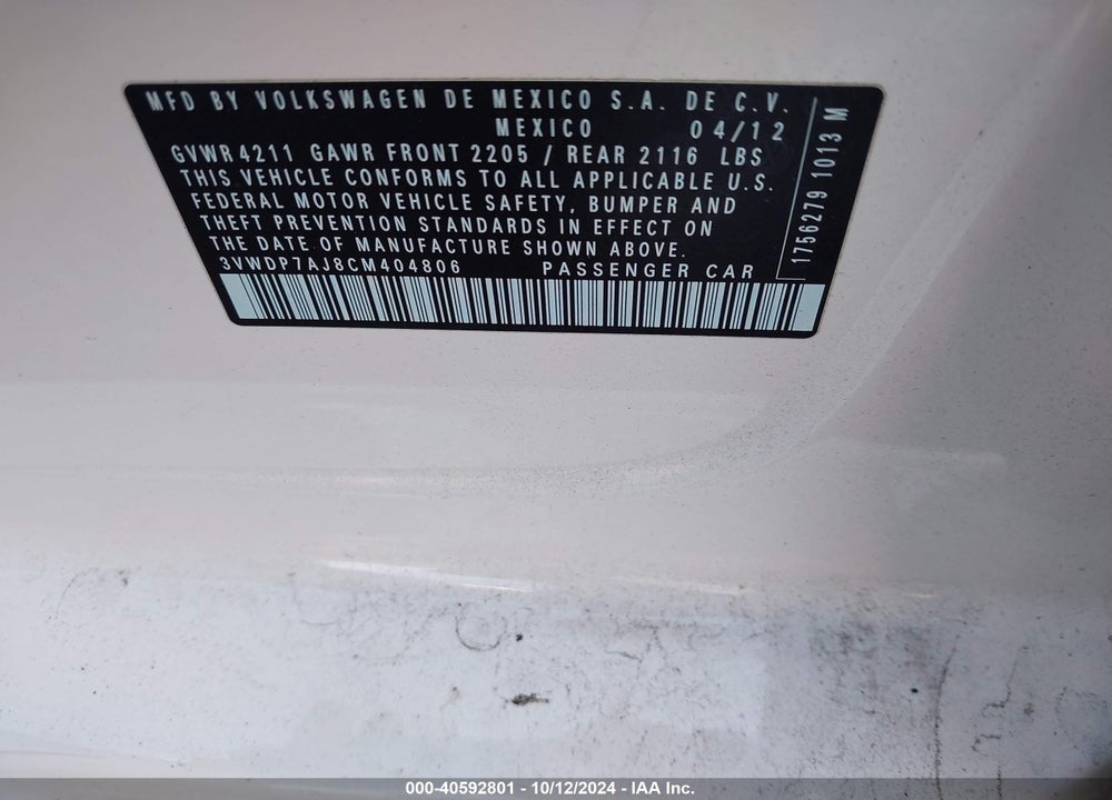 2012 VOLKSWAGEN JETTA 2.5L SE VIN: 3VWDP7AJ8CM404806